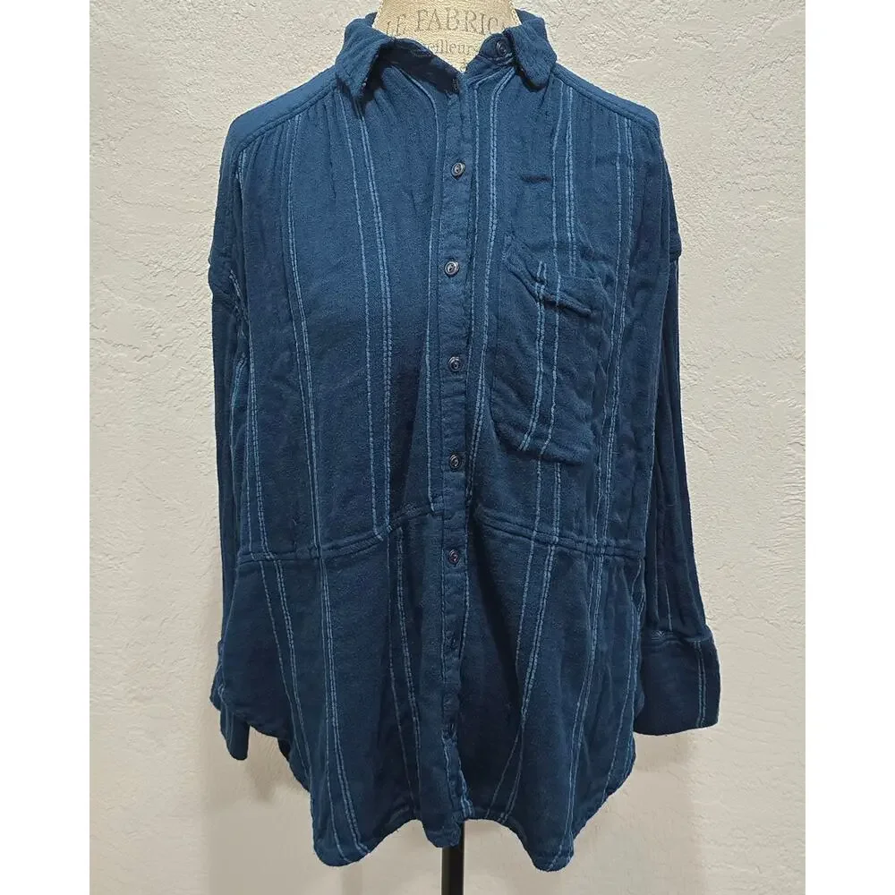 Free People Blue Striped Cozy Nights Oversized Button Up Long Sleeve Tunic Shirt - Picture 10 of 10